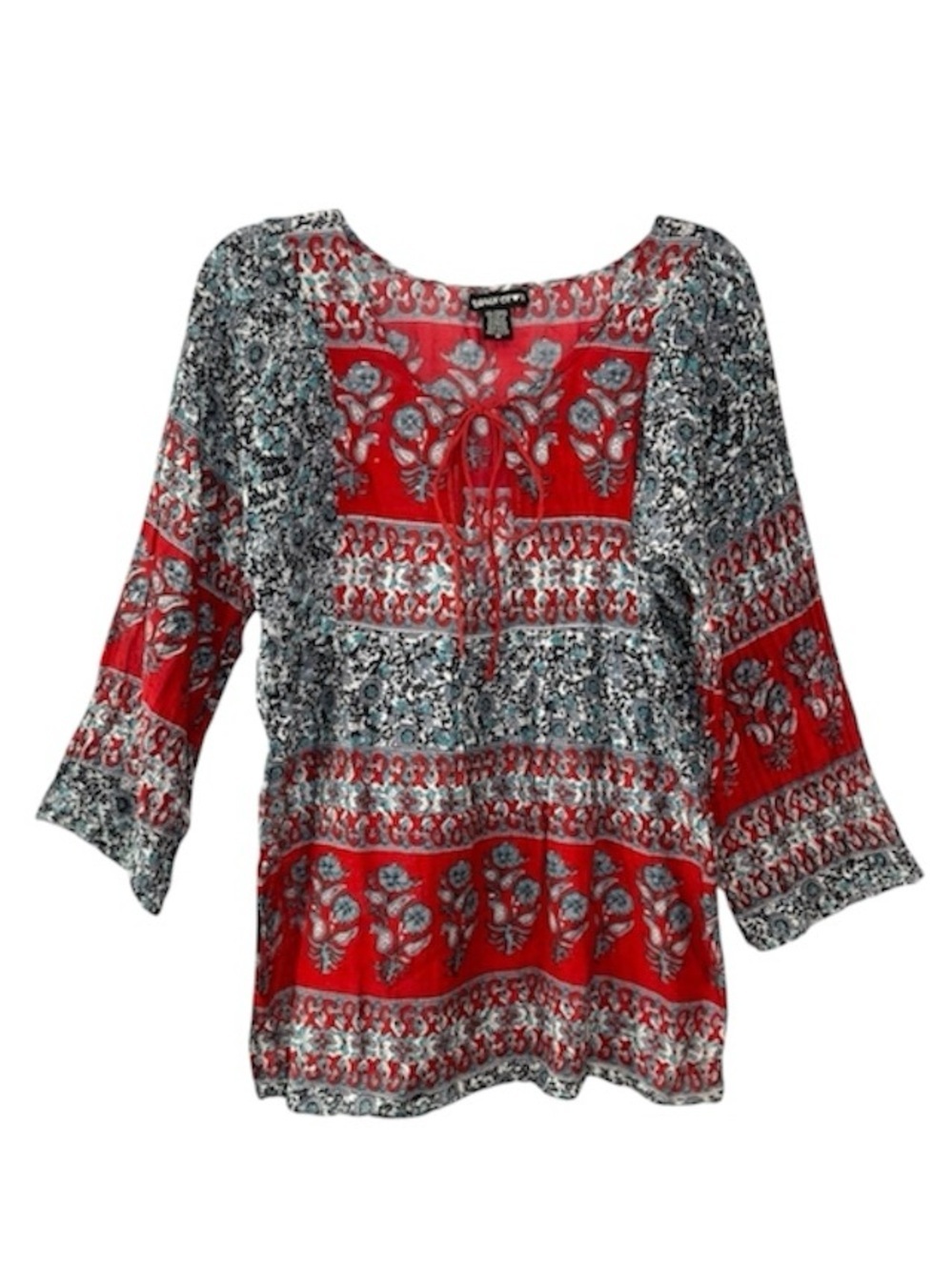 Crown Of Hearts Boho Paisley Cotton Tunic Top Tie Neck Medium